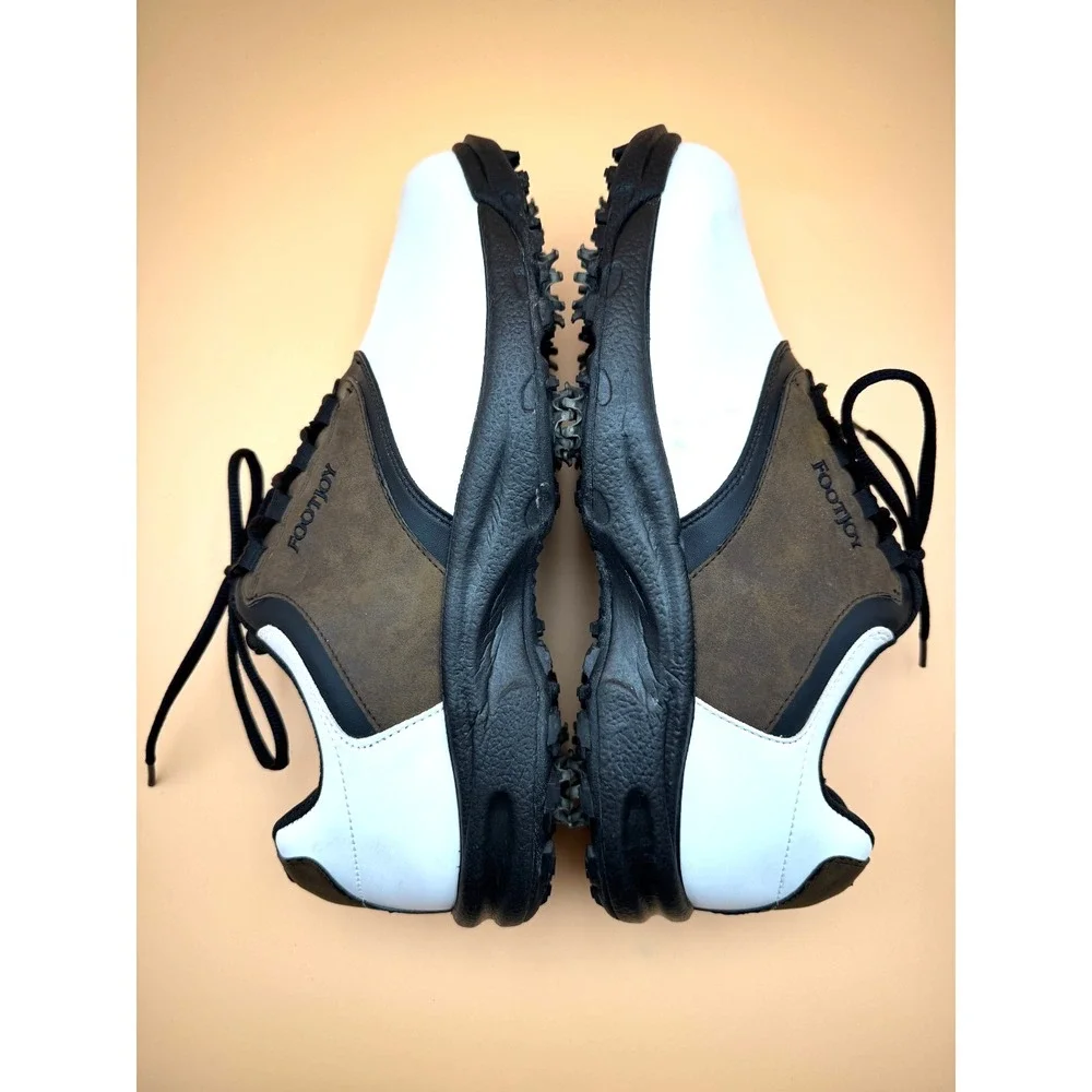 FootJoy GreenJoys Men's 10.5W White Brown Black Leather Lace-Up Golf Shoes Cleat - Picture 4 of 14